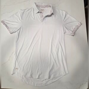 Men's White Polo with Flamingo Patterned Collar and Cuff Trim